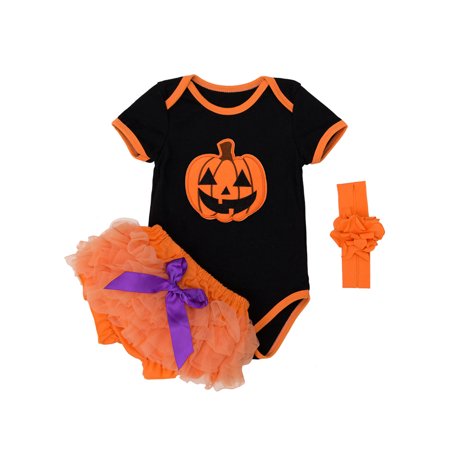 StylesILove Chic Pumpkin Bodysuit Bloomers and Headband Halloween Costume 3 pcs Outfit Set (S/0-3 Months)
