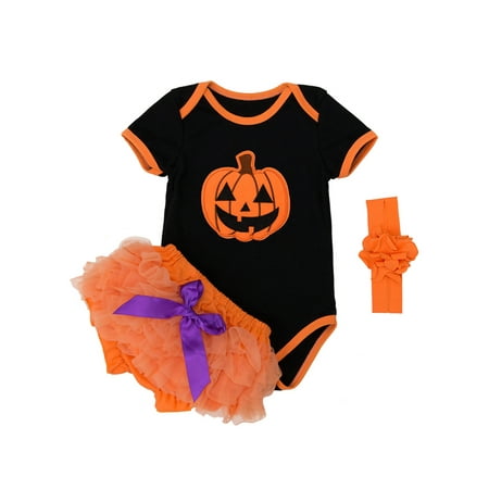 StylesILove Chic Pumpkin Bodysuit Bloomers and Headband Halloween Costume 3 pcs Outfit Set (S/0-3