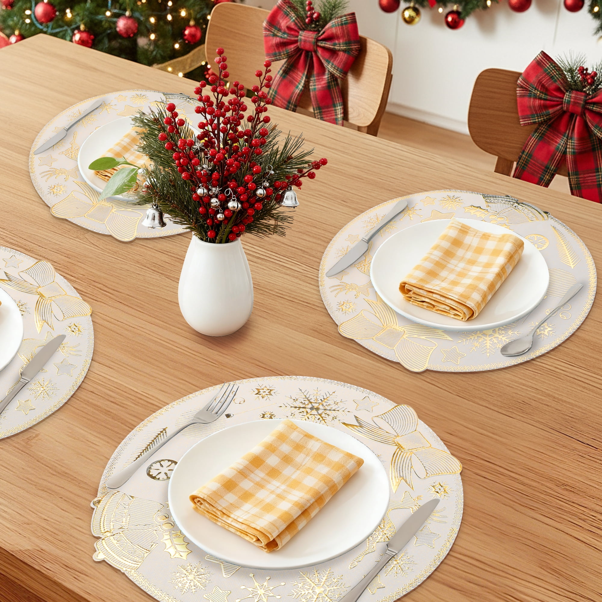 Unique Bargains Set of 6 Washable Kitchen Table Placemats for Holiday Dining Gold