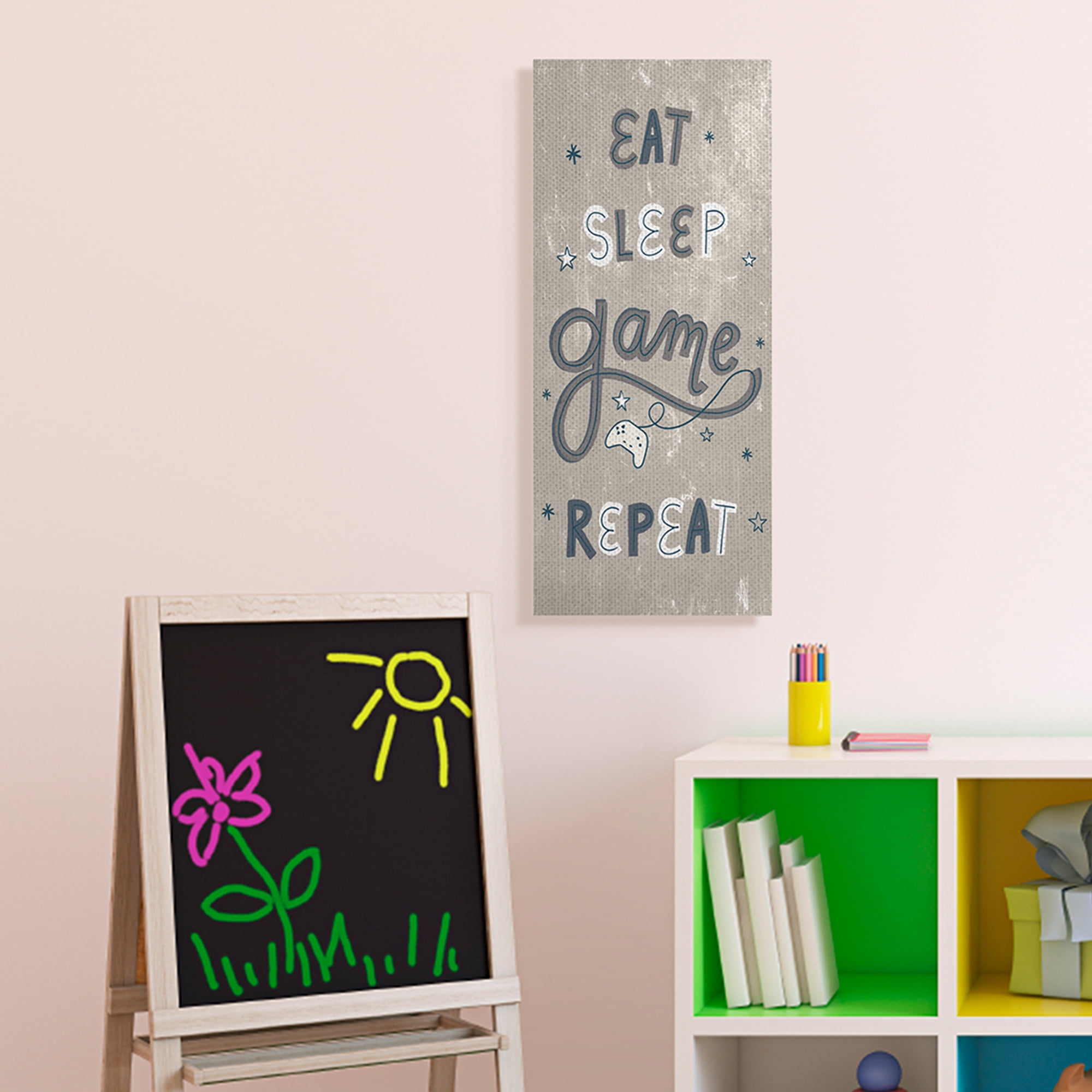 Stupell Industries Whimsical Eat Sleep Game Repeat Blue Brown Stars Canvas Wall Art by Daphne Polselli