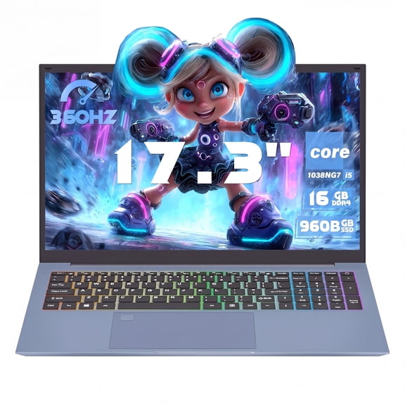 Fsjun 17.3" FHD IPS 360Hz Business Laptop, Intel Core i5-1038NG7, 16GB DDR4 RAM, 960GB SSD, (Win 11 Pro Office 2019), Color Backlit Keyboard with Numpad, Fingerprint, Blue