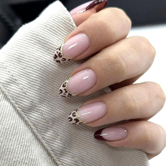 Press on Nails Short Oval Fake Nails with Burgundy French Tip Design Glue on Nails Burgundy Full Cover Nails Press ons Glossy Acrylic False Nails Artificial Stick on Nails for Women Girls 24Pcs