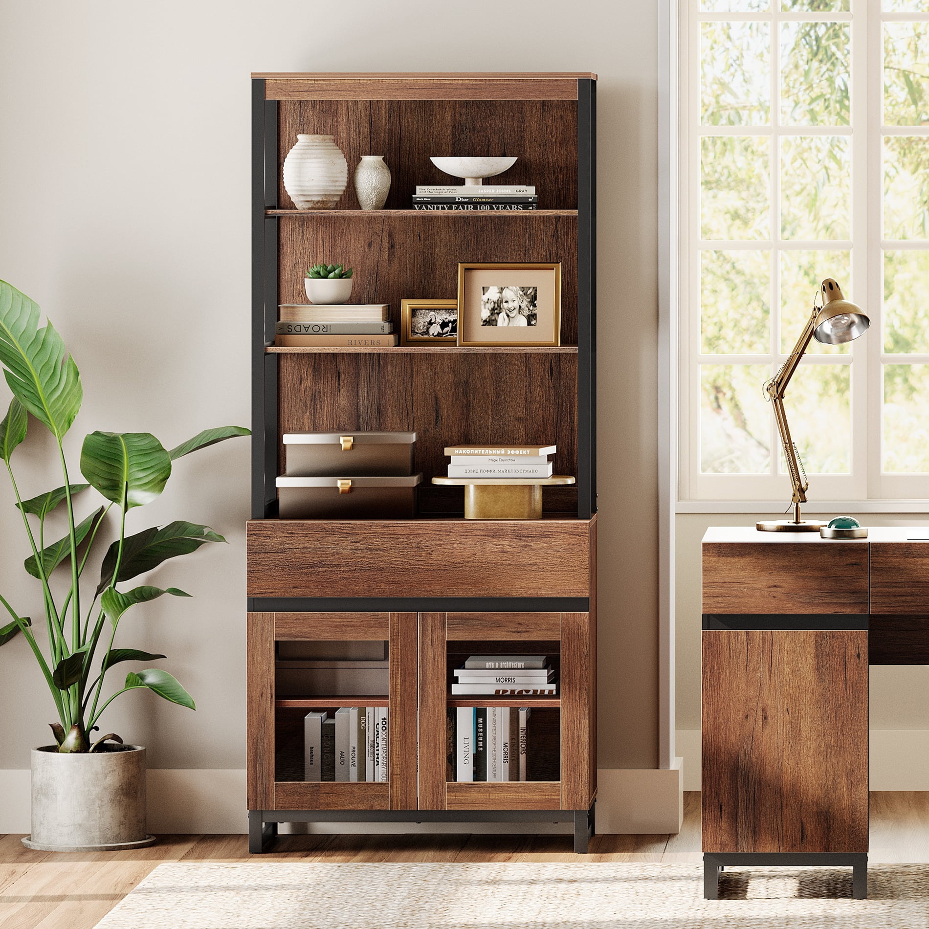 WAMPAT Modern 72" Tall Freestanding Bookcase,1 Drawer & Open Shelves with Glass Door Storage Cabinet, Wood Library Bookshelf for Home Office & Living Room