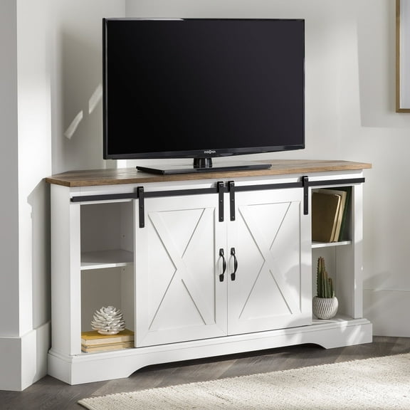Walker Edison Modern Farmhouse Sliding Door Corner TV Stand, Rustic Oak/Solid White