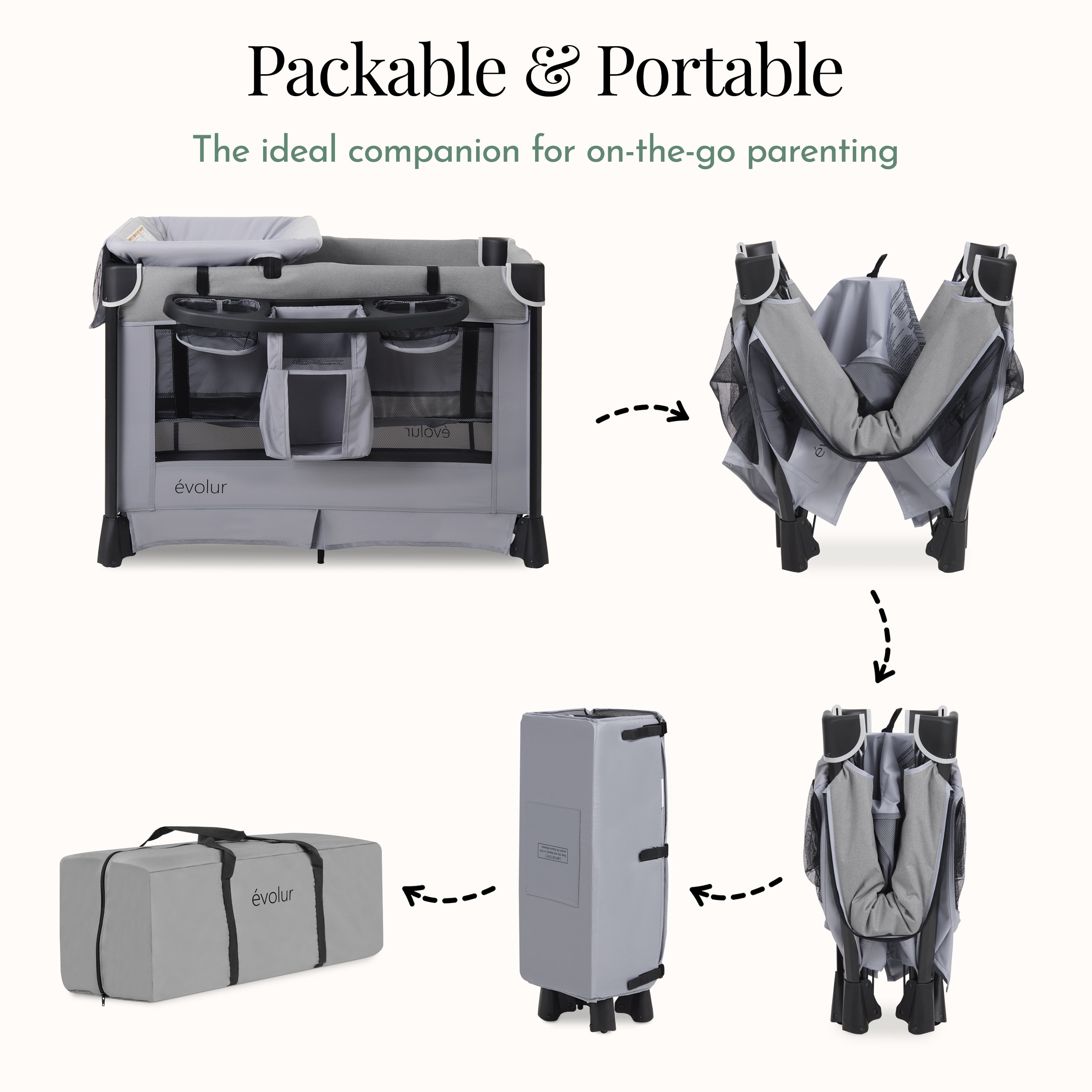 Evolur Cozy Cove All-in-One Portable Playard Gray with Bassinet & Changing Table – Quick-Fold Travel Playard with Breathable Mesh Sides, Travel Bag Included
