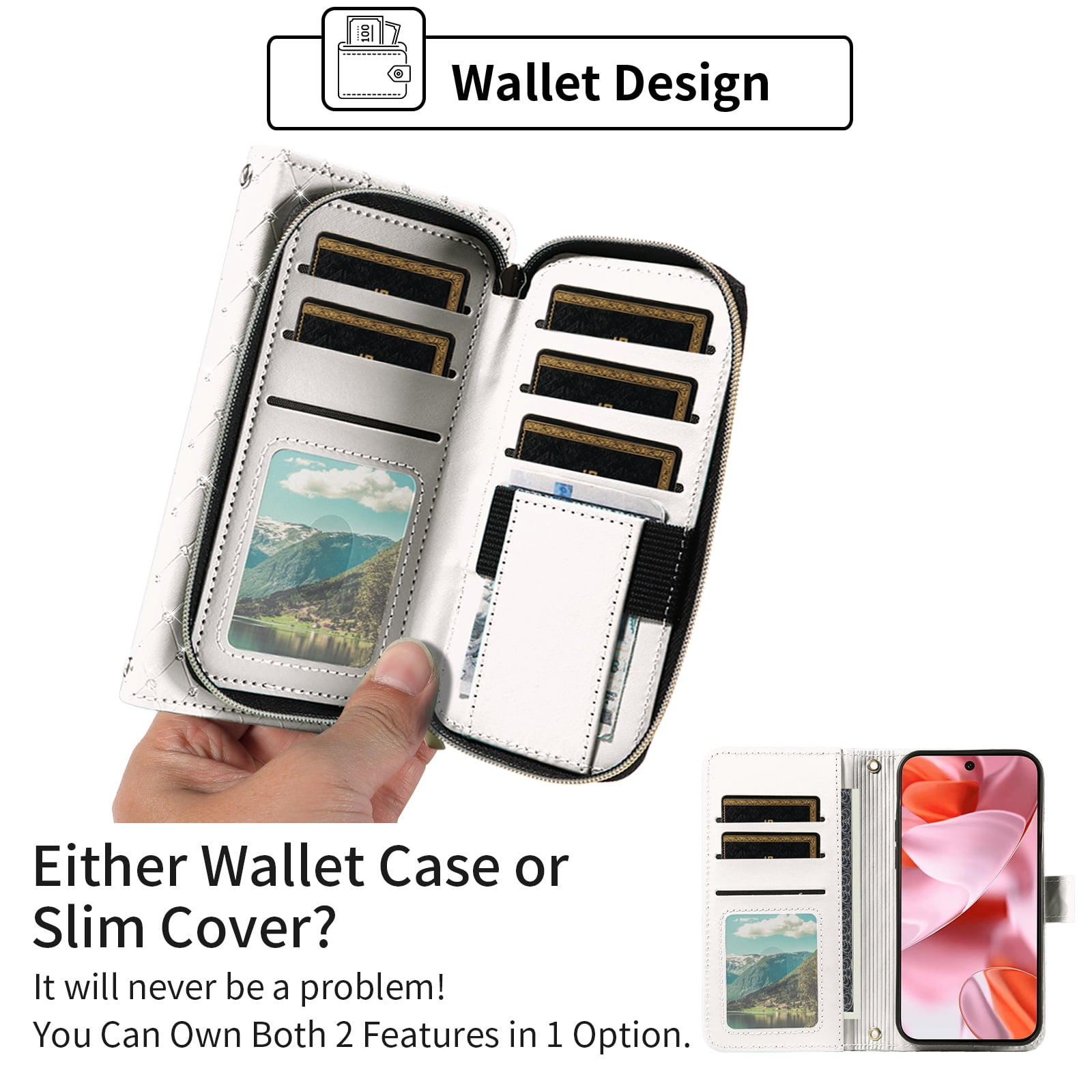 Asuwish Wallet Phone Case for Google Pixel 9/10/9Pro/10pro 5G Tempered Glass Screen Protector Bling Glitter Crossbody Lanyard Strap Flip Zipper Purse Card Holder Cell Cover Pixel9 Pixel10 Women White