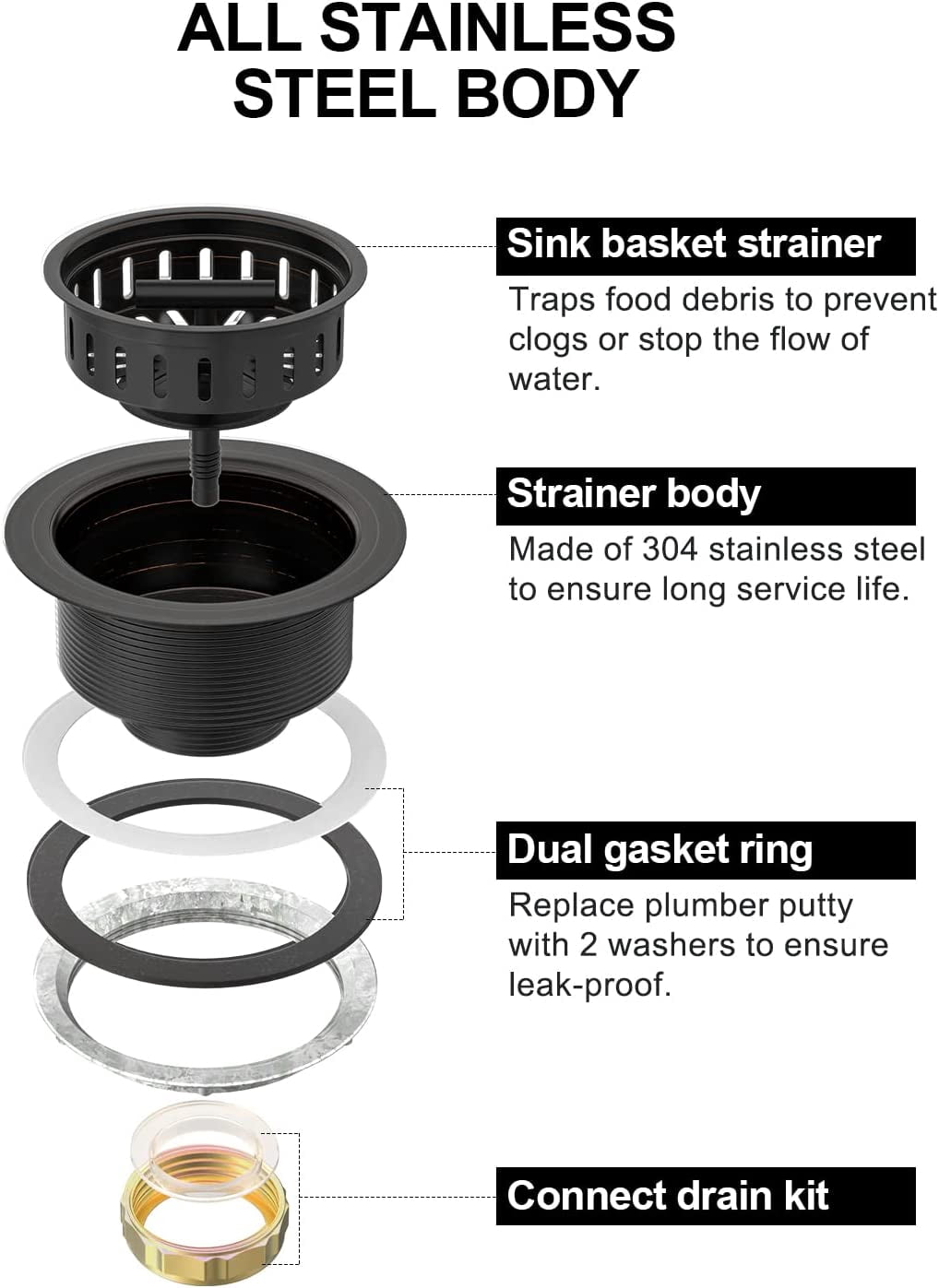 Bronze Kitchen Sink Drain Kit 3 1/2 Sink Strainer for Kitchen Sink with Stainless Steel Strainer Stopper Drain Assembly Basket Strainer Fit Standard Sink Drain Hole