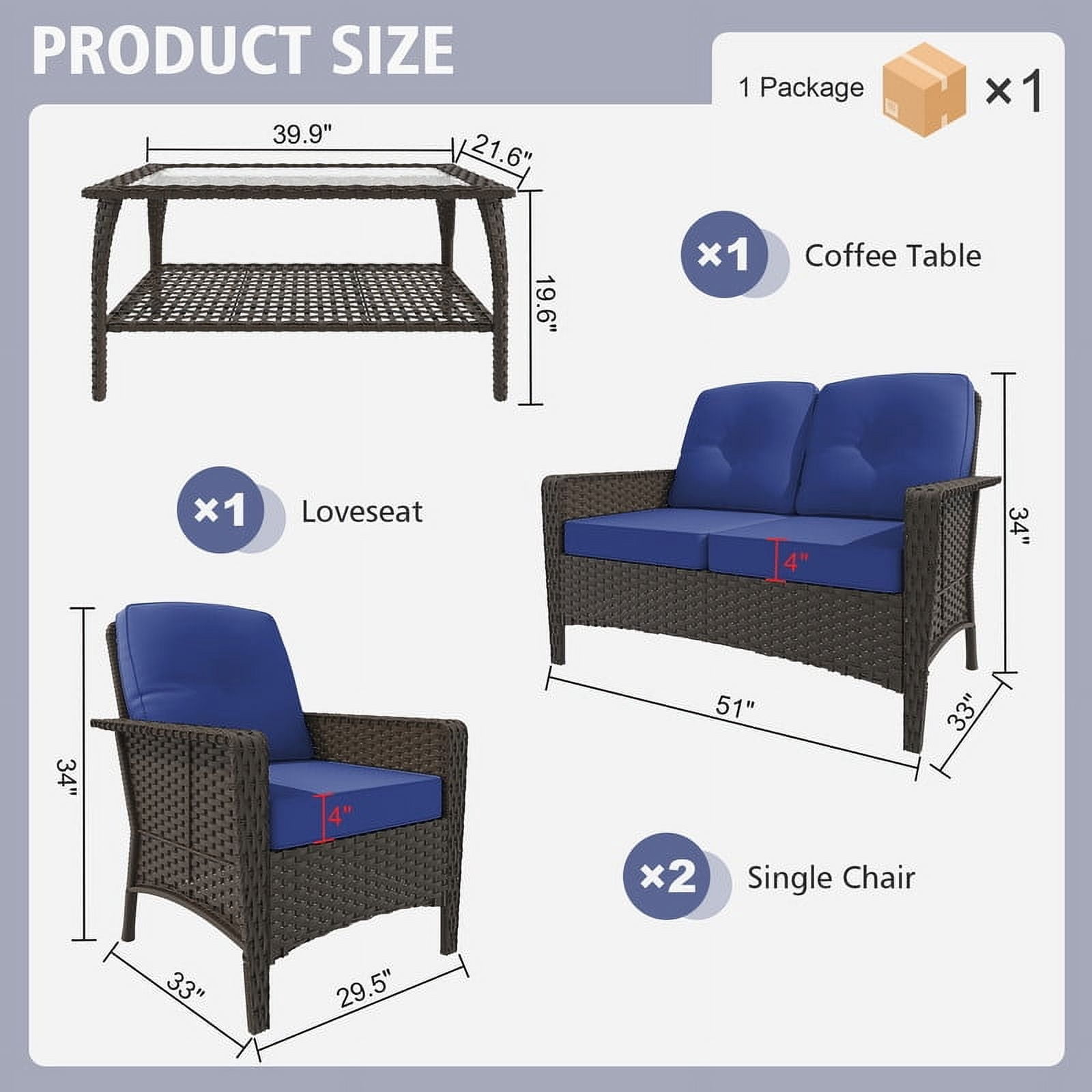 GAZEBETER 4 Piece Outdoor Patio Furniture Set,Wicker Patio Conversation Sets of 4,PE Rattan Wicker Table and Chairs Set with Cushions,Blue