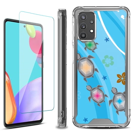 Shockproof Bumper Phone Case for Samsung Galaxy A53 5G with Tempered Glass Screen Protector by OneToughShield ® - Happy Turtle