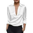 thumbnail image 2 of GaThRRgYP Dressy Blouses for Women Fall,Women's Temperament Solid Color Long Sleeve Round Collar Top/Shirt White S, 2 of 9