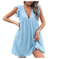 thumbnail image 1 of Robes d'Été pour Femmes Décontractées en Chiffon à Col en V Profond, Robe Évasée Unie, Manches Courtes, Robes de Plage, 1 of 7