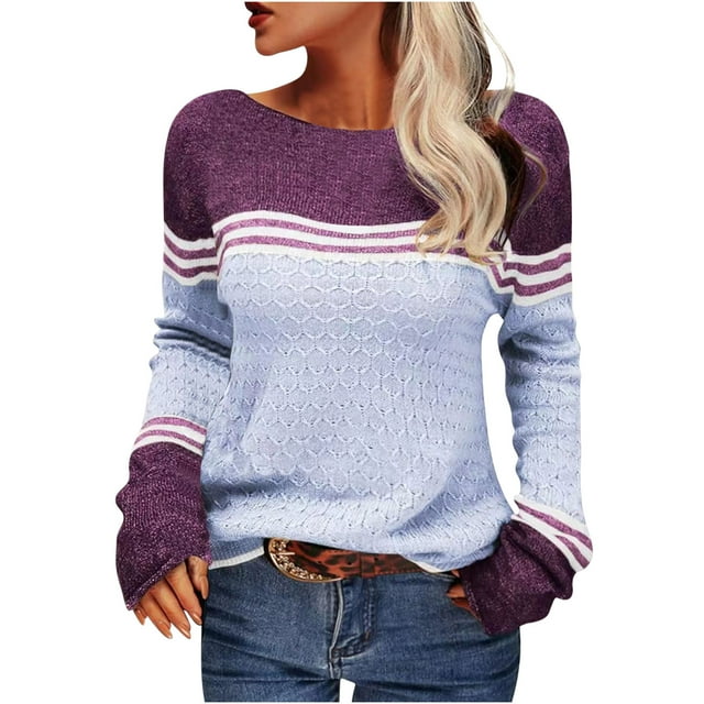 EGNMCR Chandail à Col Rond pour Femme, Chandail à Rayures à Agencement de Couleurs, Chandail pour Femme
