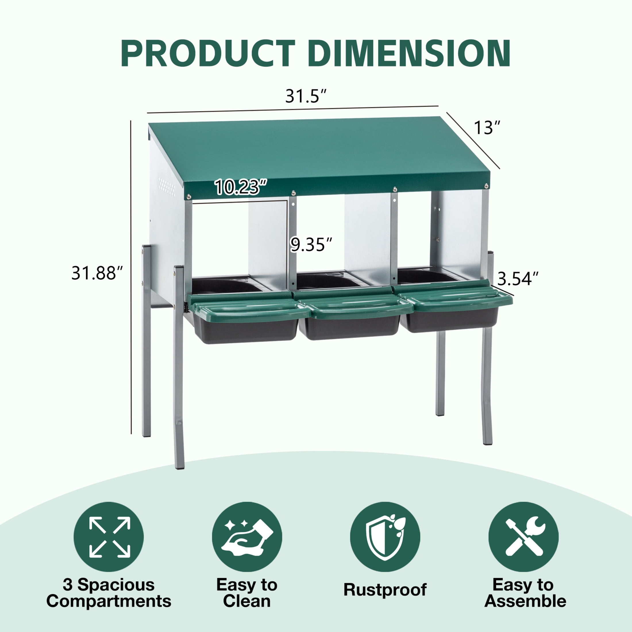 Noble House 3-Hole Outdoor Steel Chicken Nesting Box with Legs and Egg Collection Tray, Hens Laying Box, Green