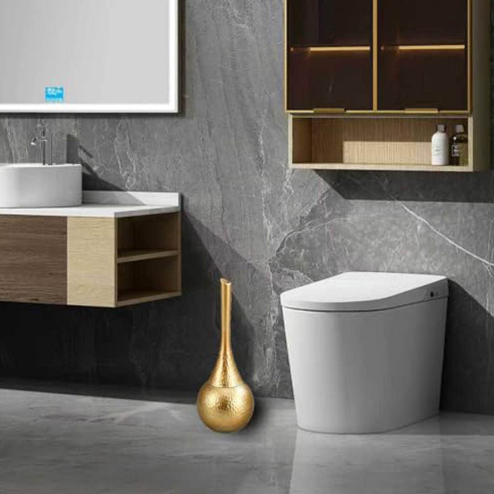 Toilet Brush and Holder Set,Brushed Nickel Modern Bathroom Brush with Anti-Splash Shield 360°Cleaning,ABS Plastic Rust-Proof Waterproof Toilet Bowl Cleaner for Household Cleaning(Gold,5.5x5.5x15")