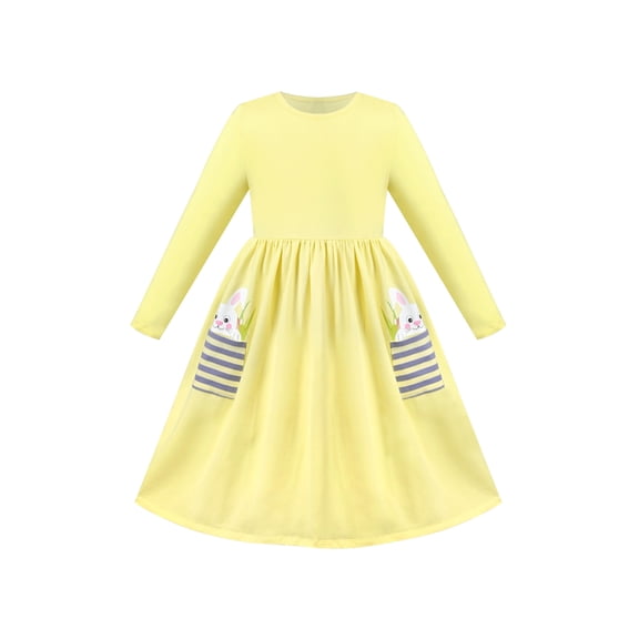 Sunny Fashion Girls Dress Yellow Easter Bunny Pocket Cute Long Sleeve Cotton Casual 7 Years