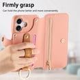 thumbnail image 3 of for iPhone 16 Folio Flip Wallet Case, PU Leather Zipper Pocket Card Slots RFID Blocking Wristband Bracket, with Diamond Finger Ring Full Body Protection for iPhone 16 - Pink, 3 of 10