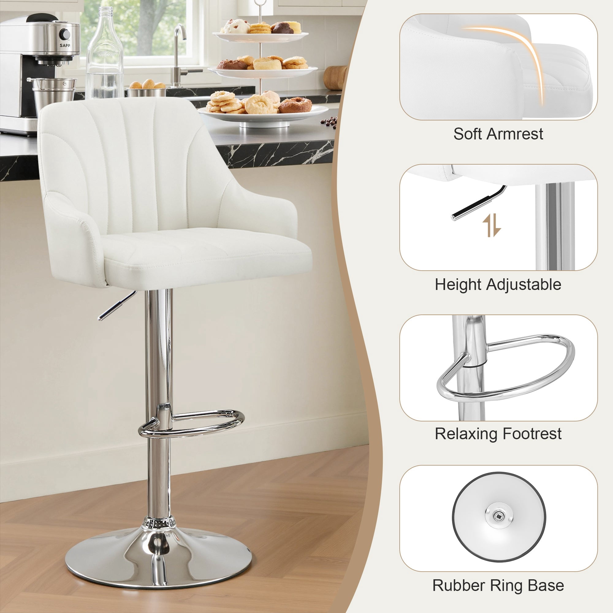 VECELO Set of 2 Swivel Bar Stools, Adjustable Counter Height Barstools Faux Leather Chair with Backrest and Armrest, White