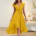thumbnail image 1 of IDALL Robes d'Été, Robes Petites Femmes Col en V Manches Courtes à Volants Longue Robe Lacée Élégante, Robe Ajustée et Évasée, Robes Femmes Robe Jaune 2TG, 1 of 5
