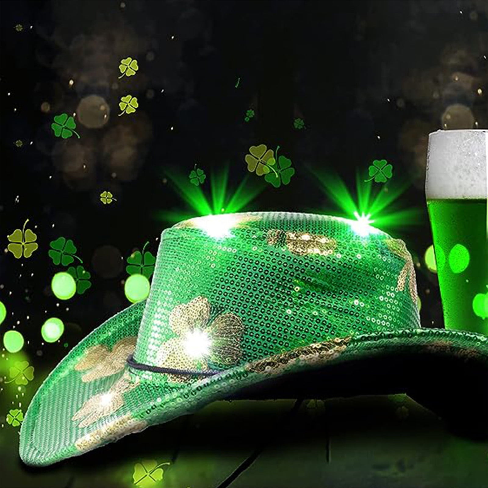 7879 Green Led Light Up Sequin Cowboy Hat - Unisex For St Patricks Day LED Green Sequin Shamrock Cowboy Hat – Light Up St. Patrick  main image 3