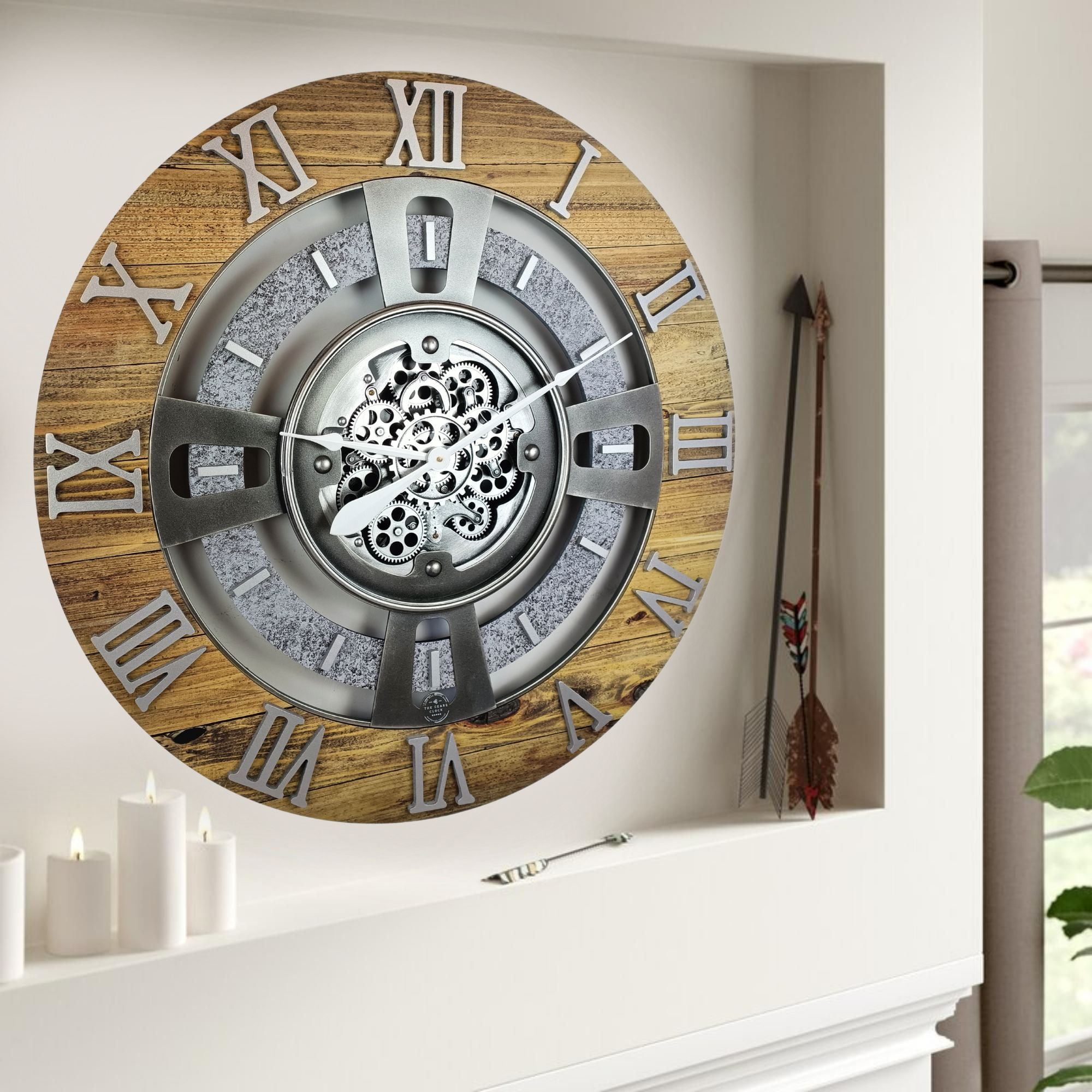 THE GEARS CLOCK Wall Clock with Real Moving Gears EN-LI_ 24 in Round Wood-Stone