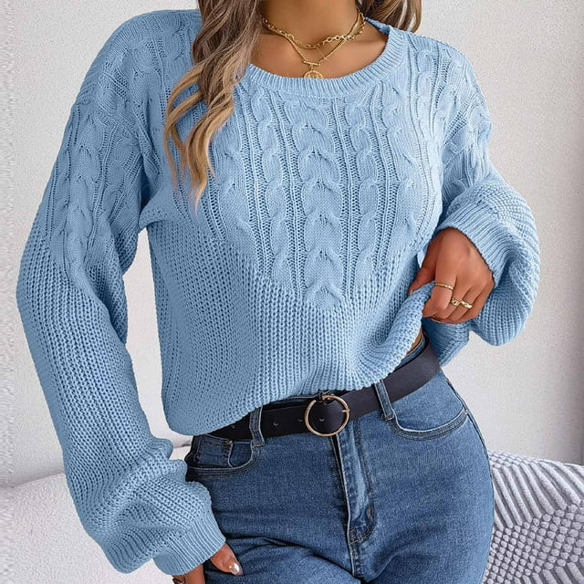 Suéter de cuello redondo para mujer, moda femenina, manga larga, cuello redondo, suelto, blusa, suéter de punto, suéter para mujer