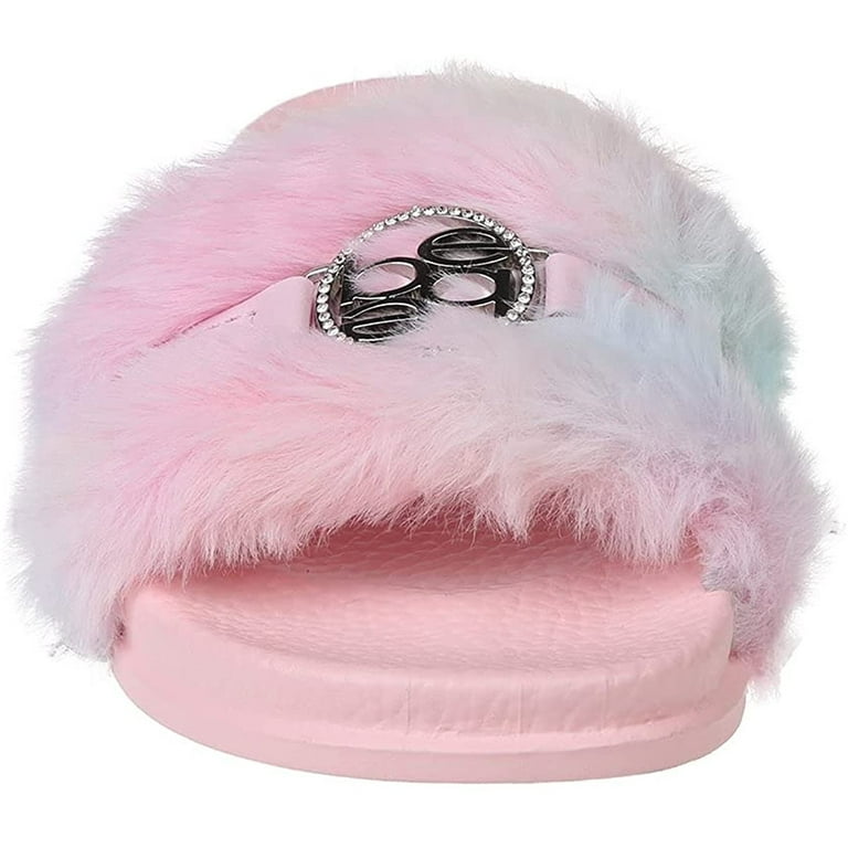 bebe Faux Fur Flat Slide Sandals Blush Little Girls