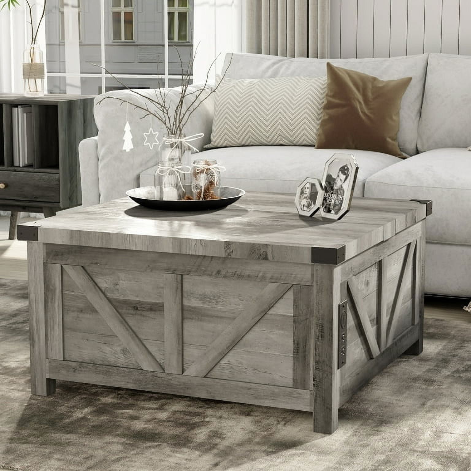 ChVans 35.6" Square Lift Top Coffee Table, Farmhouse Coffee Table with Storage & Charging Ports, Wood Center Table w/Large Hidden Space for Living Room Home Office