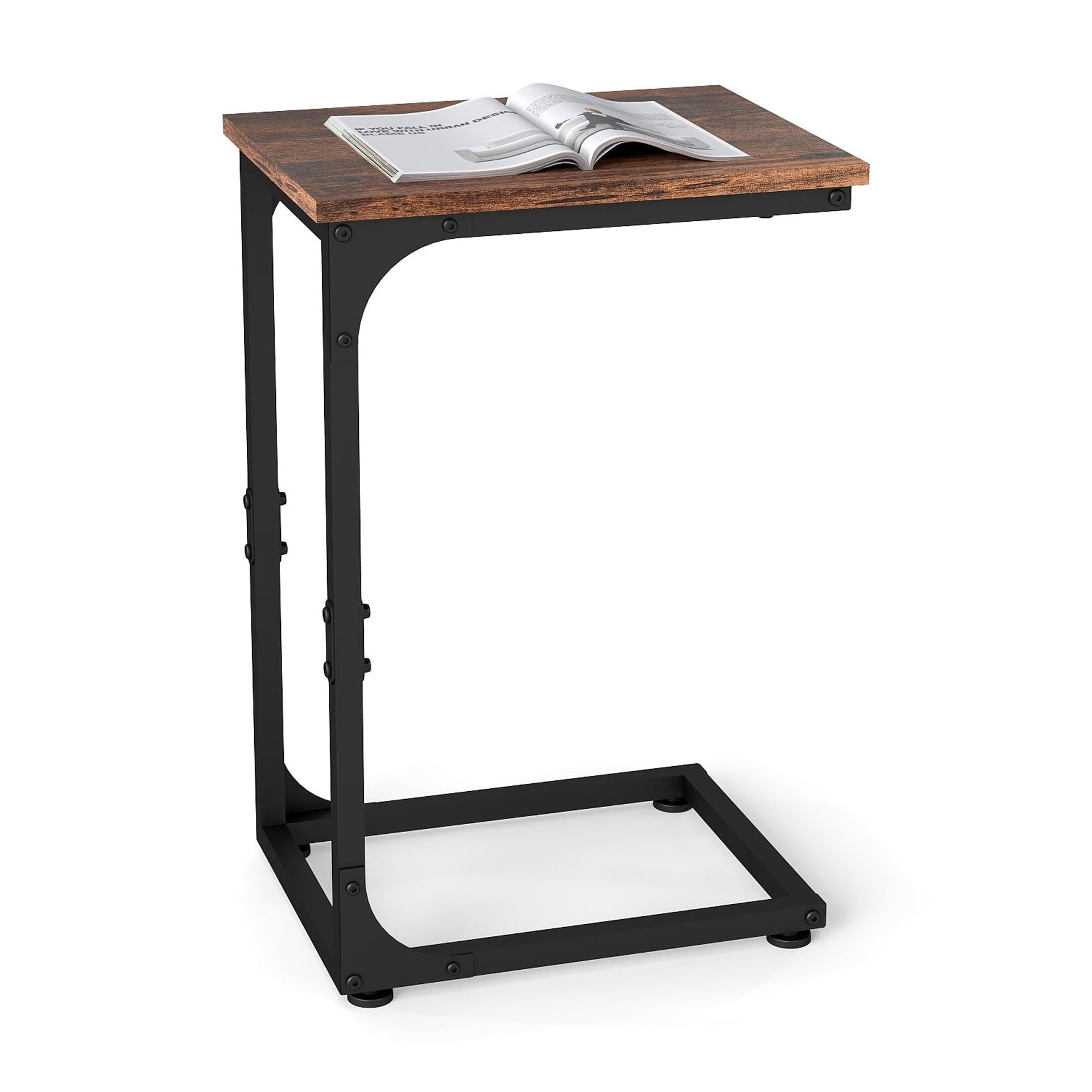 Melocadol C-Shaped End Table, C Shaped Under Couch Slider, Small Side Tables with Metal Frame, Adjustable Feet, for Living Room, Bedside, Sofa, TV Dinner, Recliner, Dark Brown