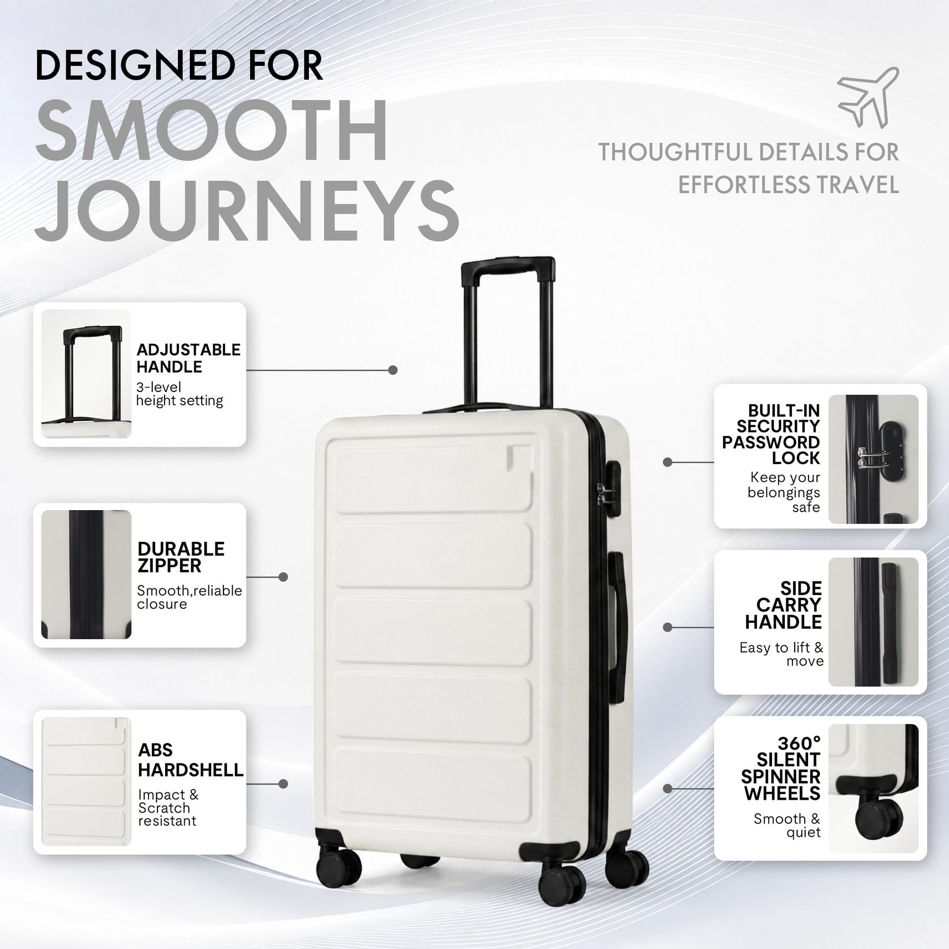 3-Piece ABS Hardshell Luggage Set, Lightweight Durable Suitcases with 4 Silent Spinner Wheels and Combination Lock, 20/24/28 Inch, White