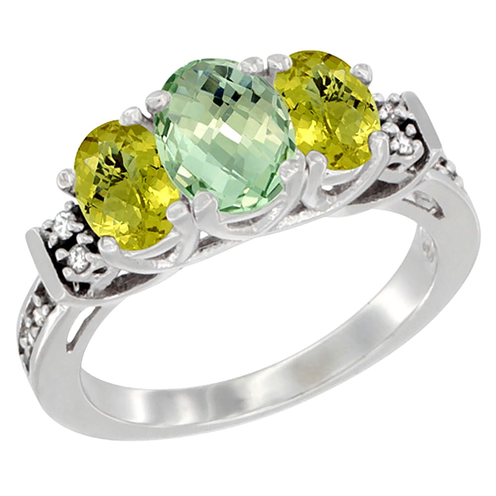 14K White Gold Natural Green Amethyst & Lemon Quartz Ring 3-Stone Oval Diamond Accent, sizes 5-10 by WorldJewels