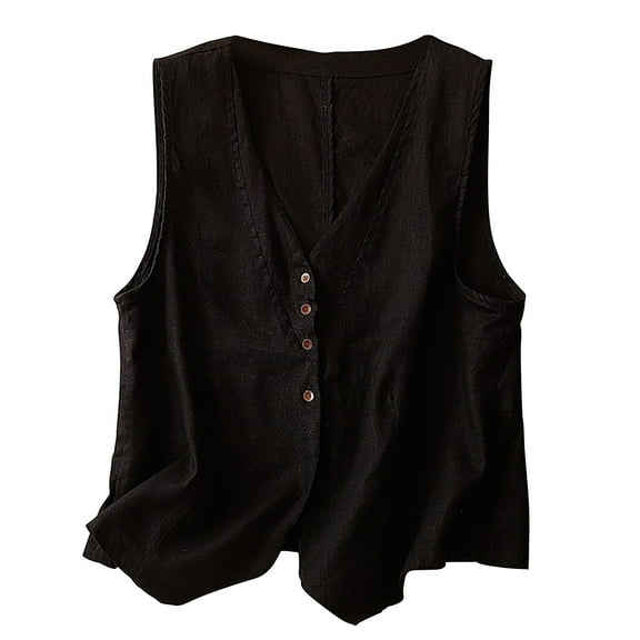 Womens Cotton Linen Vests, Sleeveless Shirts for Women Summer Casual Lightweight V Neck Button Down Vest Tank Tops