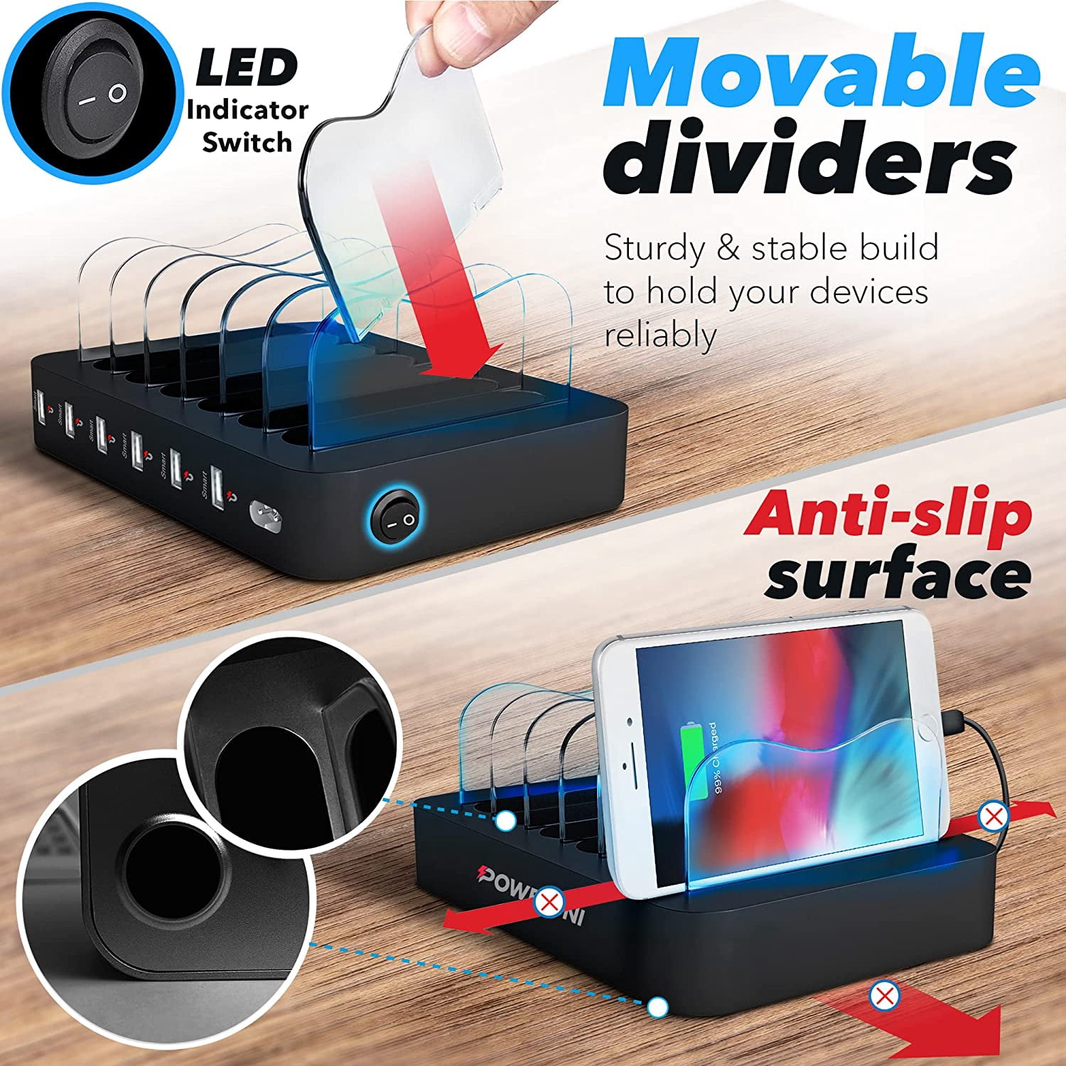 Poweroni USB Charging Station Dock - Fast Charge Docking Station for Multiple Devices - Multi Device Charger Organizer - Compatible with Apple and Android (Black 6-Port)