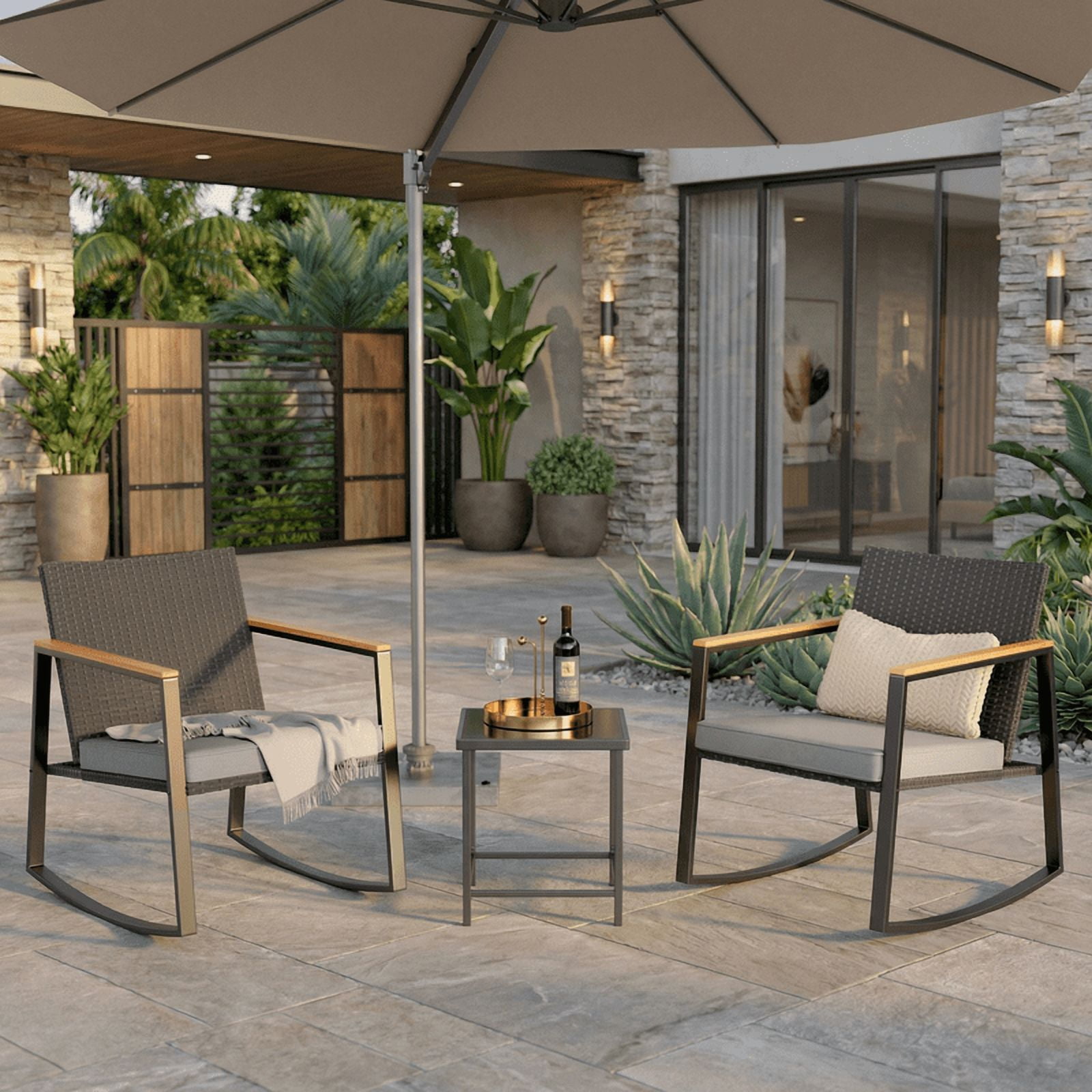 Aiho 3 Pieces Rocking Patio Furniture Set, Wicker Outdoor Chair Set with Coffee Table for Garden, Gray