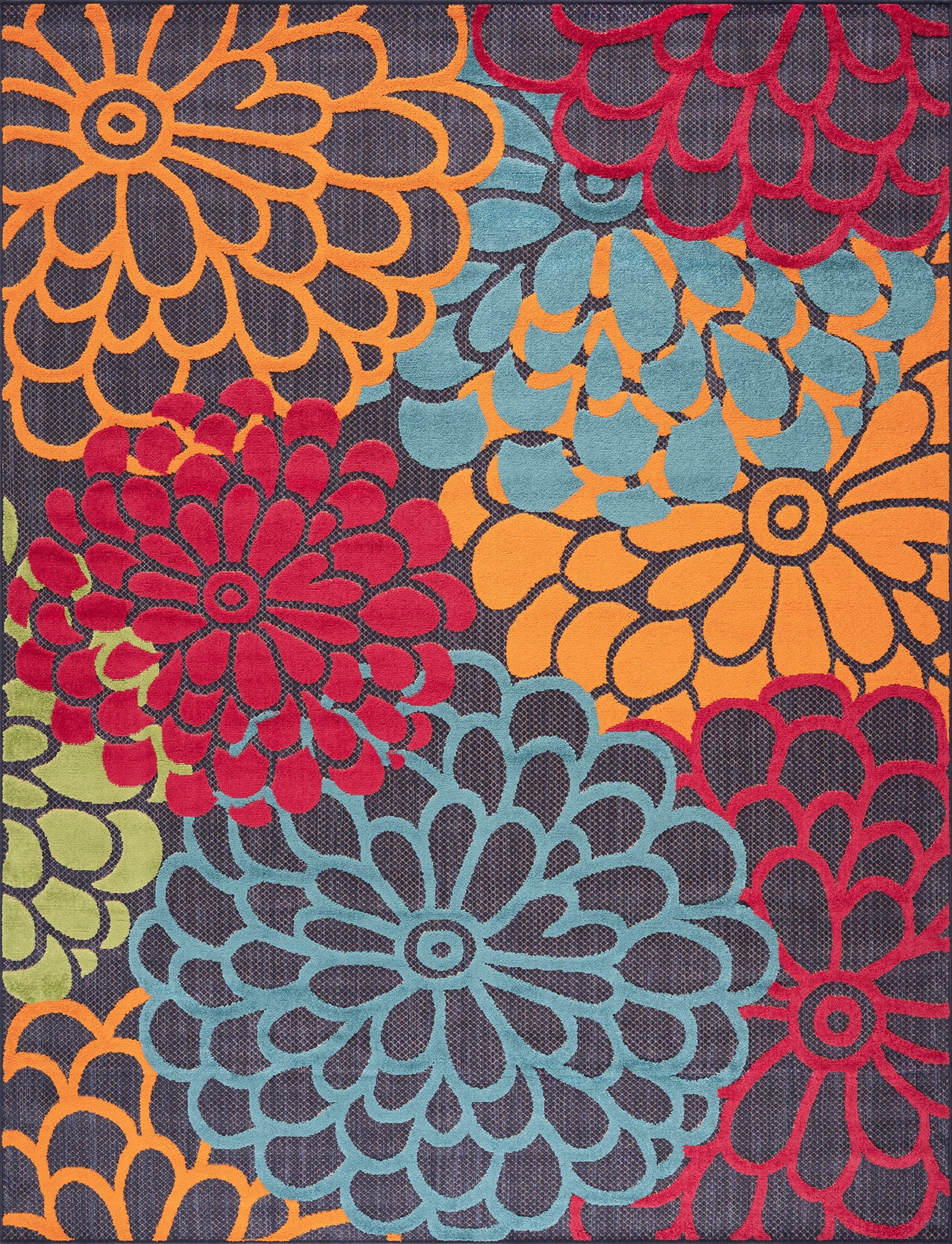 Oasis Modern Floral Navy and Aqua Polypropylene Indoor Outdoor Area Rug, 8'x10' Rectangle