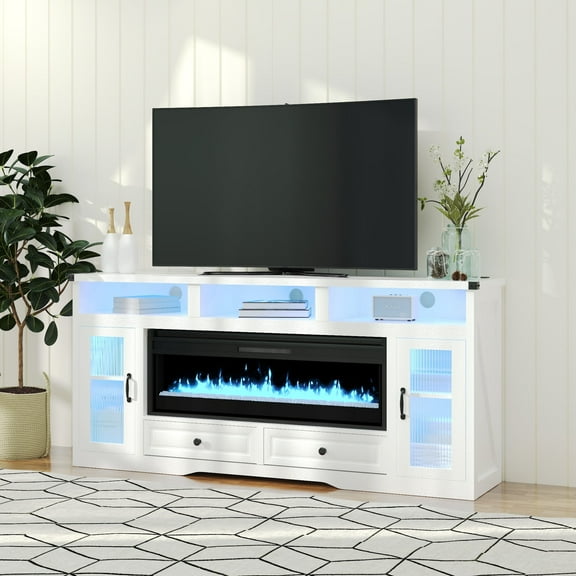 HARBOURSIDE Fireplace TV Stand up to 80" TVs, 42" Electric Fireplace TV Console, LED Lights and Glass Door Entertainment Center with Remote Control, White