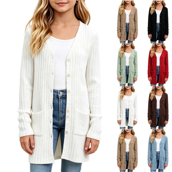 Chiccall Girls V Neck Button Knit Cardigan Pockets Soft Breathable Lightweight Fall Daily School Shopping Travel Outer Winter Coat for Kids