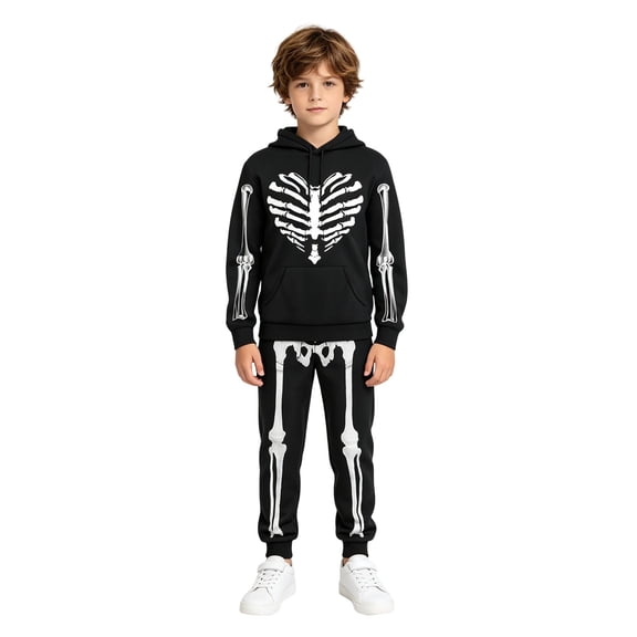 Ruiwill Toddler Boys 2 Piece Outfit Set Skeleton Print Long Sleeve Hooded Collar Hoodie With Pants Set Winter Halloween Breathable Boy Outfit Set Size 3-4 Years Black