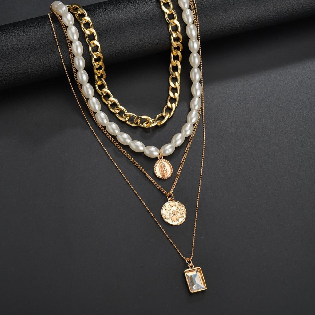 preisreduziert Women\'S Delicate Layered Necklace Necklace Punk Pearl Necklace Set Pendant Adjustable