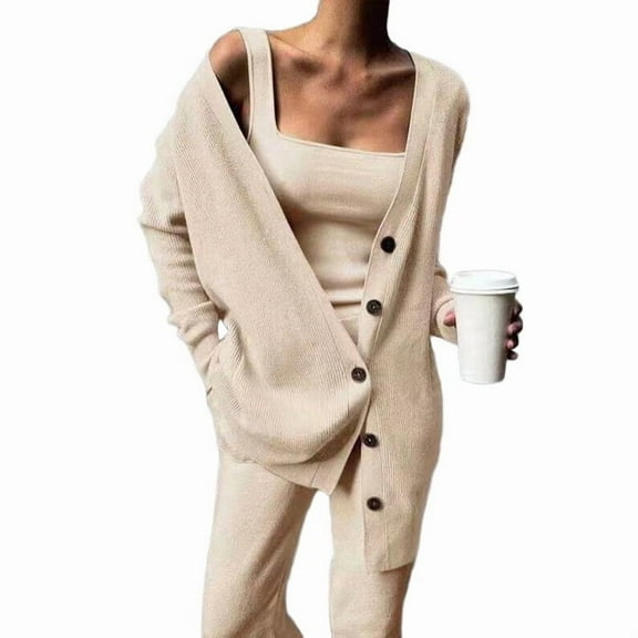 Women'S 3 Piece Knit Lounge Set Long Sleeve Cardigan Sleeveless Top Pants Sweatsuit Khaki XXXL