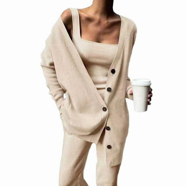 Conjunto de 3 Piezas de Punto para Mujer: Cárdigan de Larga, Camiseta Sin Mangas, Pantalón y Chándal. Caqui L