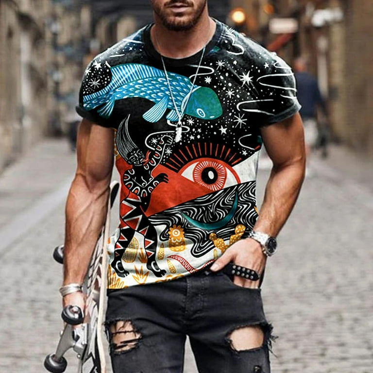 Funny Shirts for Men Casual Stylish Short Sleeve Contrast Color Print  Pullover T Shirt Summer Muscle Fit Tees Top