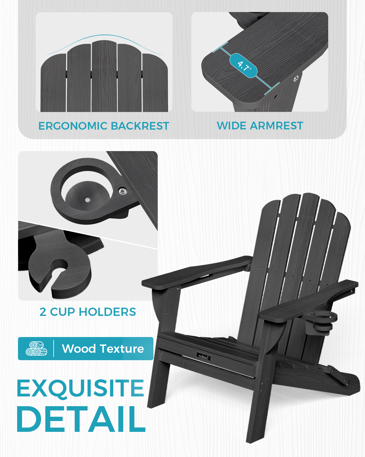 Folding Adirondack Chair, HDPE Patio Adirondack Chair with 2 Cup Holders, All-Weather Outdoor Chairs, Fire Pit Chairs for Patio, Garden, Poolside, Black