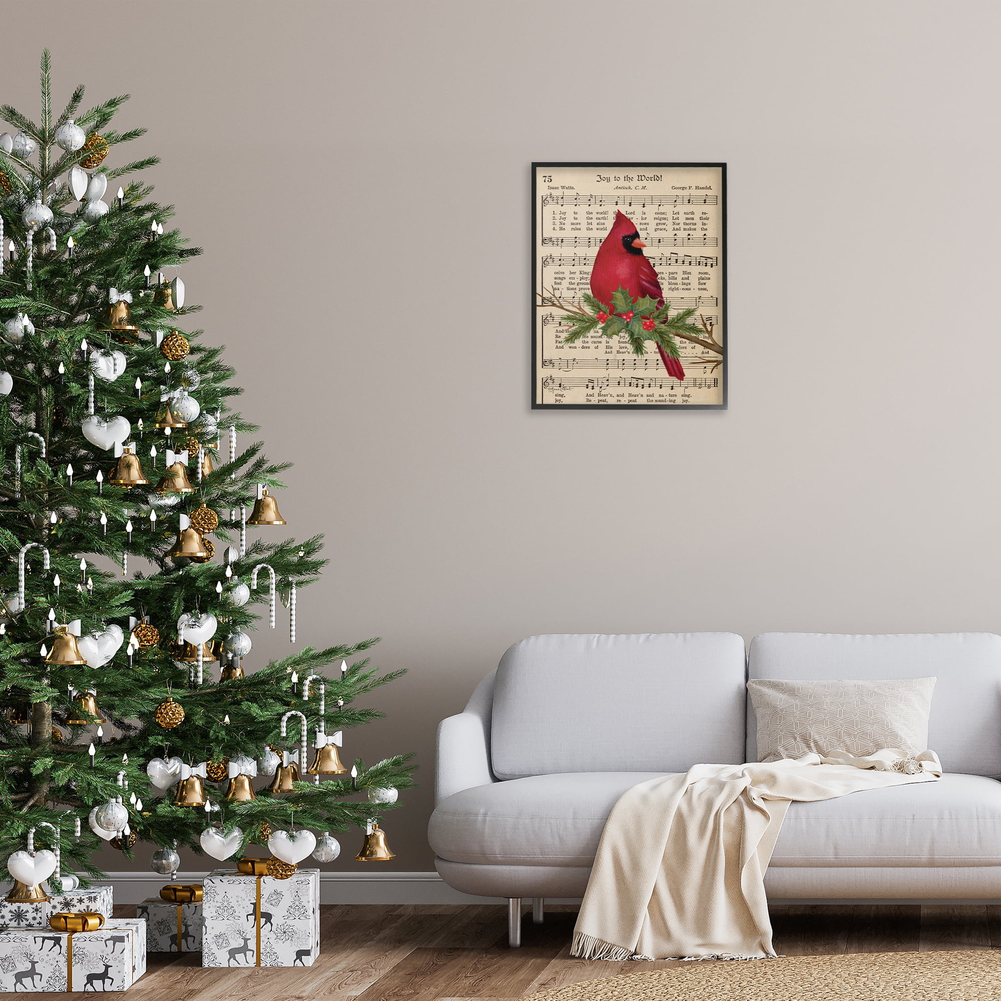 Stupell Industries Cardinal on Holiday Music Holiday Painting Black Framed Art Prints Wall Art, 24 x 30