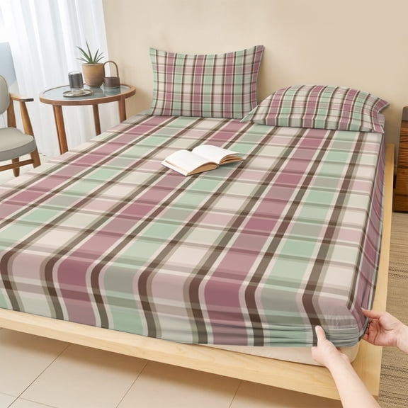 King Size Fitted Sheet Set - Buffalo Plaid 3 Piece Bedding Sets 16" Deep Pocket Fitted Sheet with 2 Pillowcases, Farmhouse Red Green Beige Check Gingham Brushed Microfiber Hotel Luxury Bed Sheets