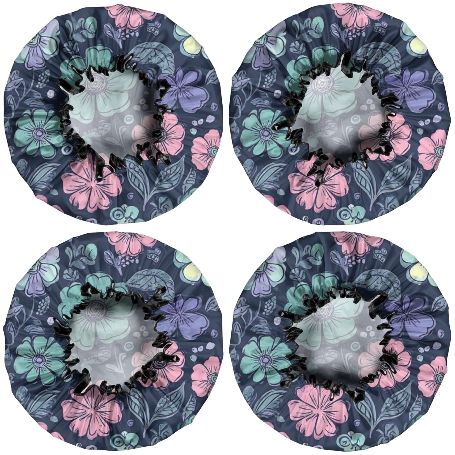 Shower Caps,Pioneer Flower Floral Print Pattern Waterproof Shower Cap for Women 4 Pieces,Double Reusable Hair Cover for Shower PEVA Elastic Stretch Hem