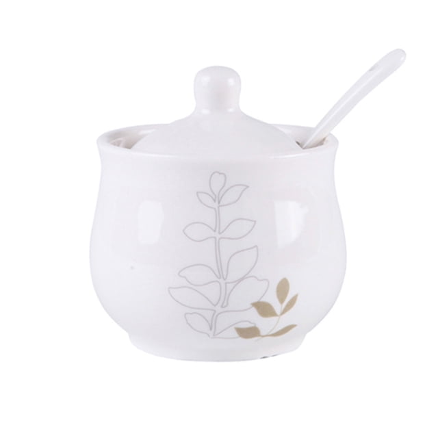 White Sugar Bowl With Lid And Spoon, Ceramic Salt Pot Storage Canister, Hand Drawn Pattern Spice Jar, Kitchen Decoration, Coffee Bar-White 3-200ml