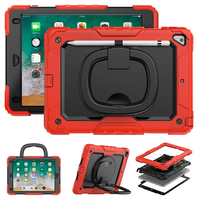 for iPad 6th/5th Generation Case 9.7 inch 2018/2017, 360 Rotating Shockproof Cover with Stand, Handle, Shoulder Strap, Red