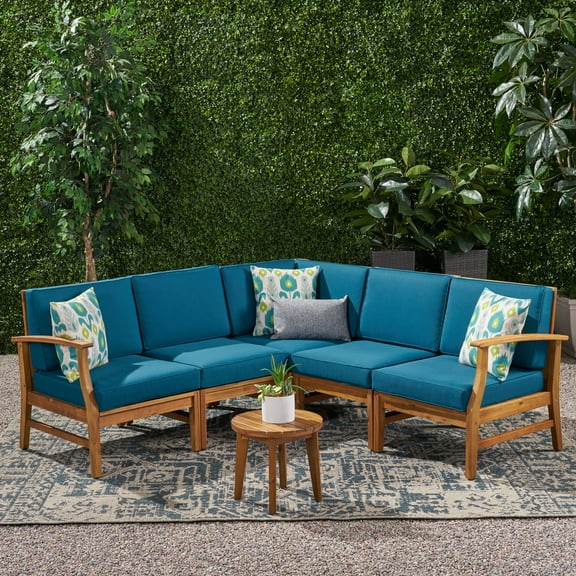 Hermosa Outdoor 5 Piece Chat Set with Cushions (No Coffee Table), Blue, Teak Finish