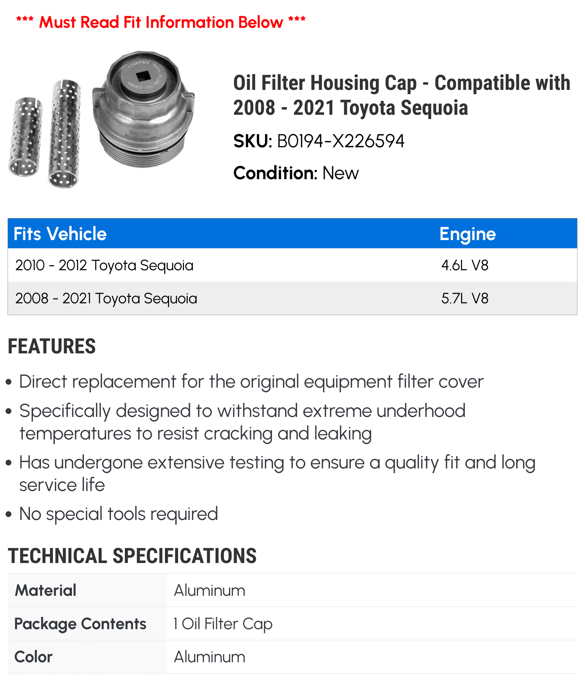 Oil Filter Housing Cap - Compatible with 2008 - 2021 Toyota Sequoia 2009 2010 2011 2012 2013 2014 2015 2016 2017 2018 2019 2020