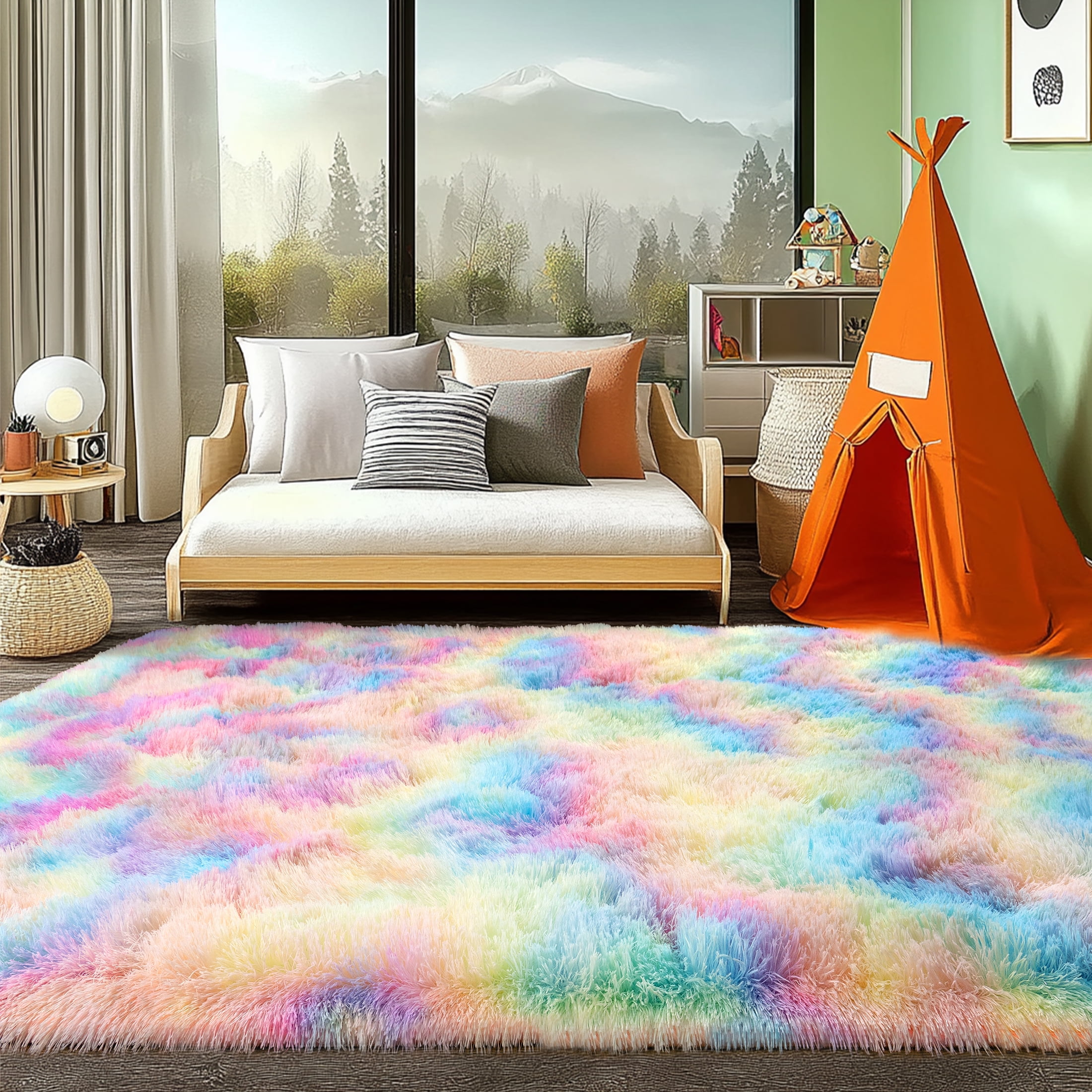 Socofuz Soft Fluffy Rugs for Girls Bedroom, Rainbow Kawaii Kids Carpets for Teens Dorm Aesthetic, Baby Princess Room, 5x7ft
